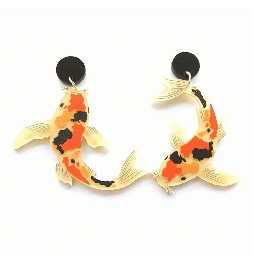 Koi Fish Acrylic Drop Earrings Orange Black Cream Marbled Japanese Pond Jewelry